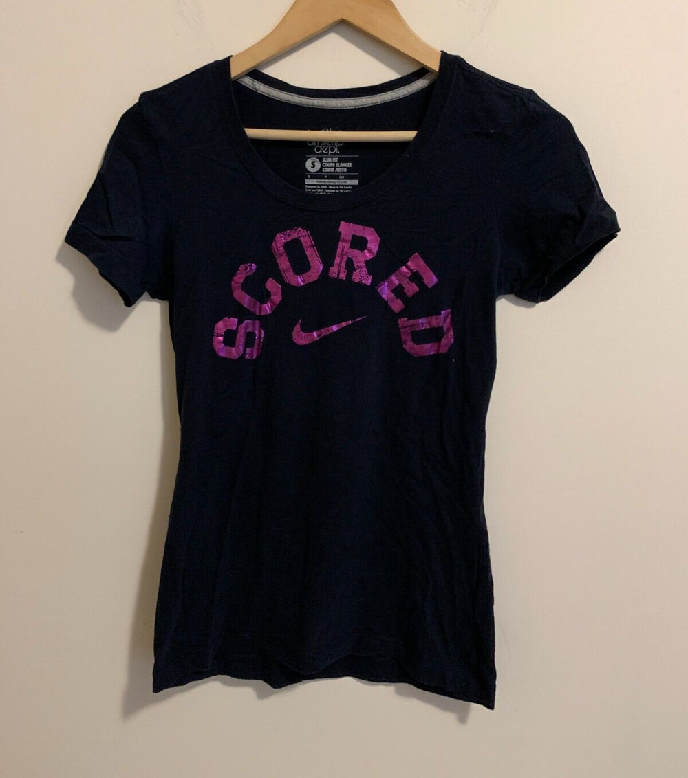 Nike The Tee Athletic Dept SCORED Navy Blue Womens Size Small Slim Fit